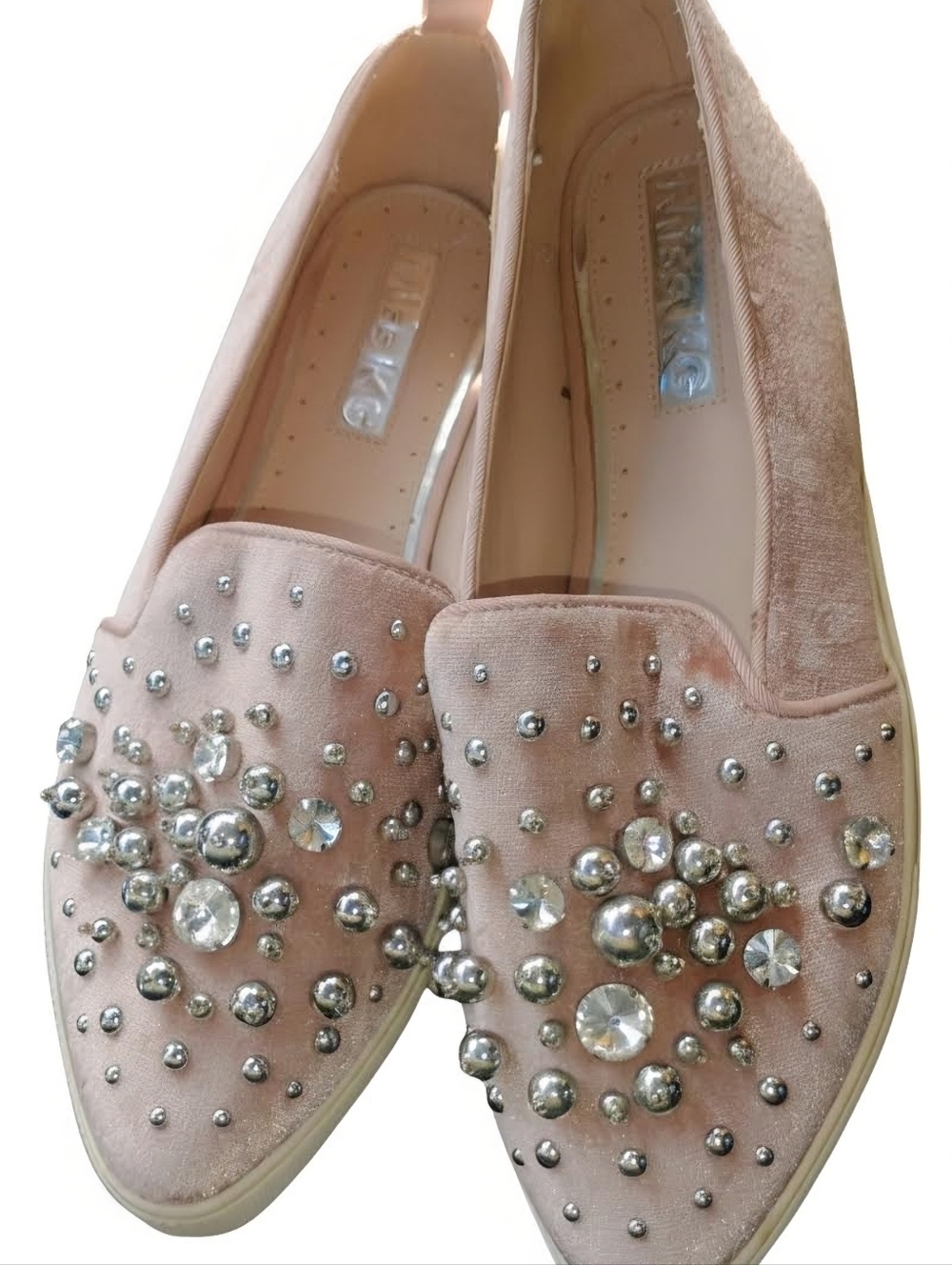 Miss KG Blush Pink Velvet Slip-On Flats with Crystal Studs